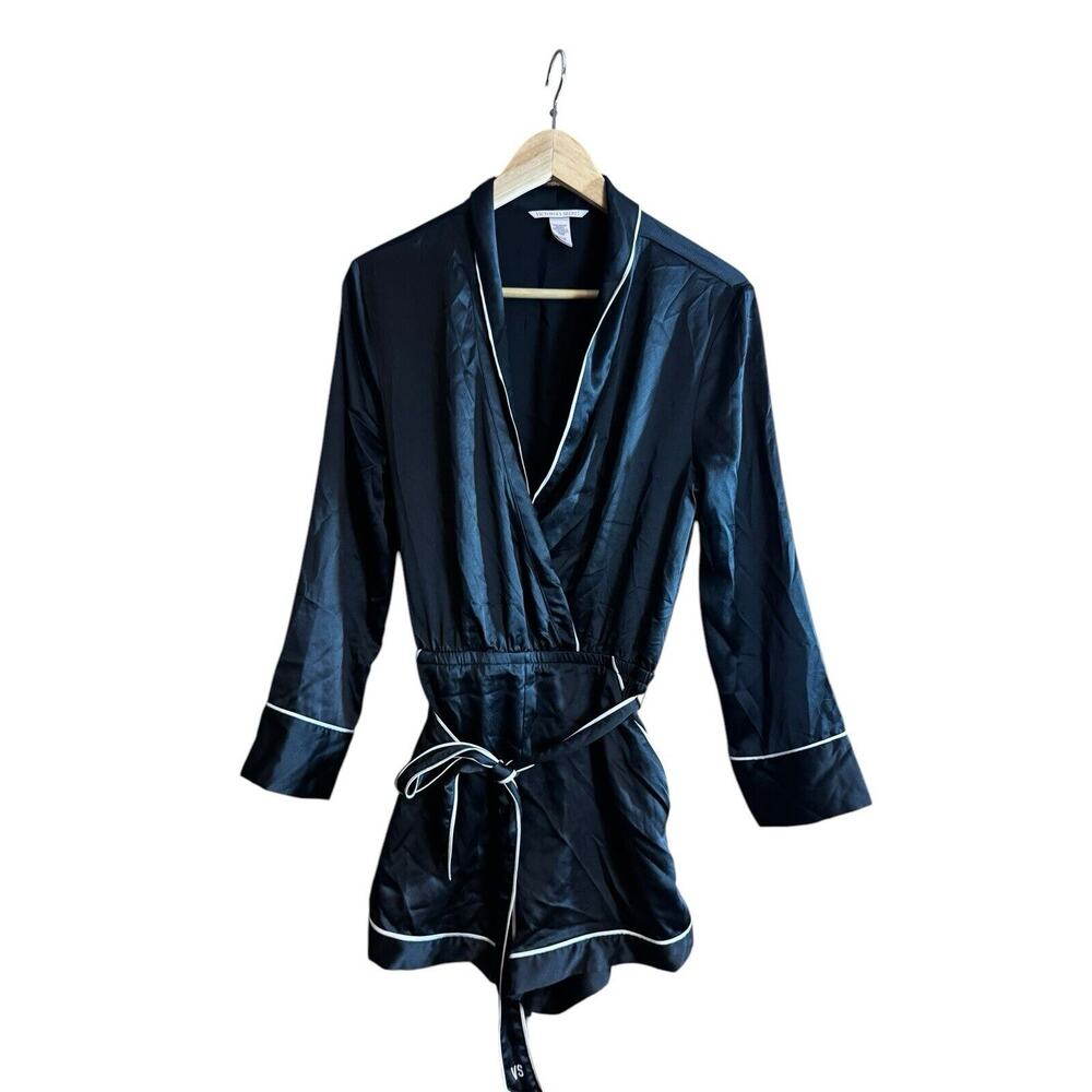 Victorias Secret Women Satin Sleep Romper Size S Long Sleeve Comfortable Black